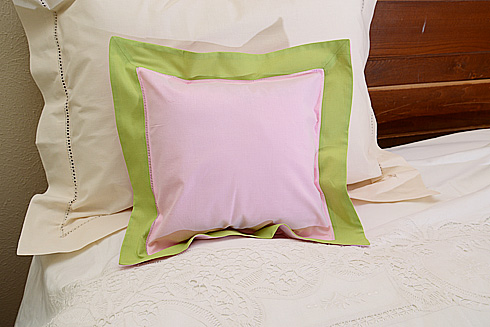 Pillow sham. PINK LADY with MACAW GREEN color border.12" SQ.